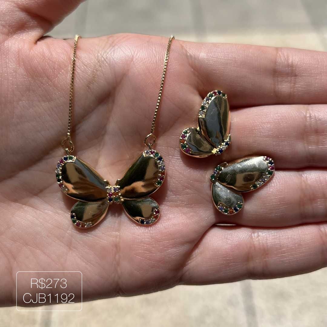 Conjunto de Borboleta Cravejado Rainbow Dourado